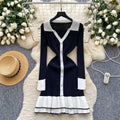 Frenchretrocontrast colorpolo collarlong sleeves single breasted silmdress women's waistelegantrufflessweater skirt