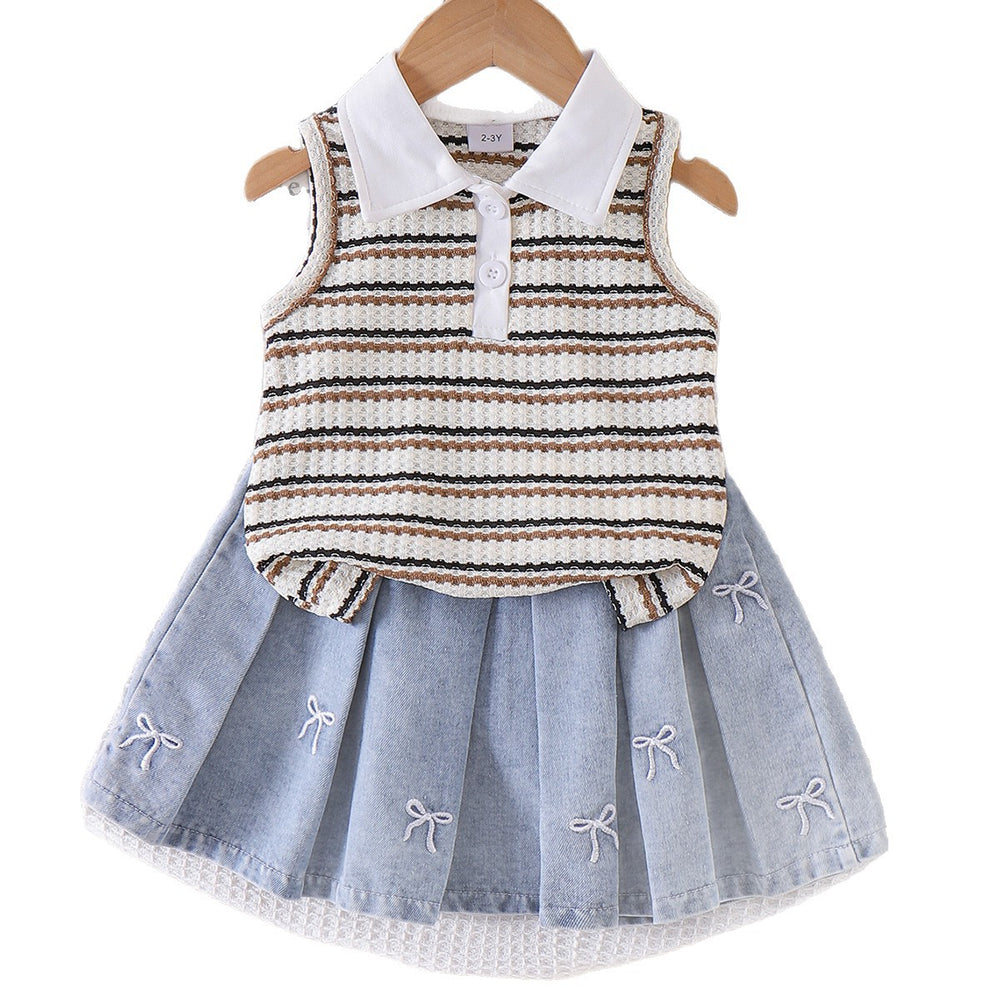 Baby clothing kids set children outfit white collar stripes vest+blue