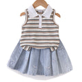 Baby clothing kids set children outfit white collar stripes vest+blue