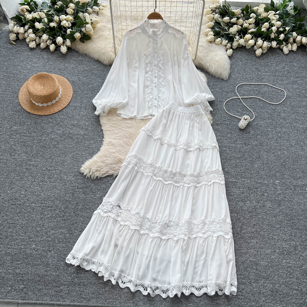French court style two-piece set: women's high-end hollow-out lace patchwork lantern sleeve blouse and high-waisted flared midi skirt