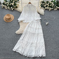 French court style two-piece set: women's high-end hollow-out lace patchwork lantern sleeve blouse and high-waisted flared midi skirt
