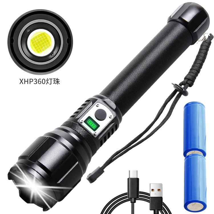 Cross-border new HXP360 strong light zoom power display Type-c port output 160 multi-function LED flashlight