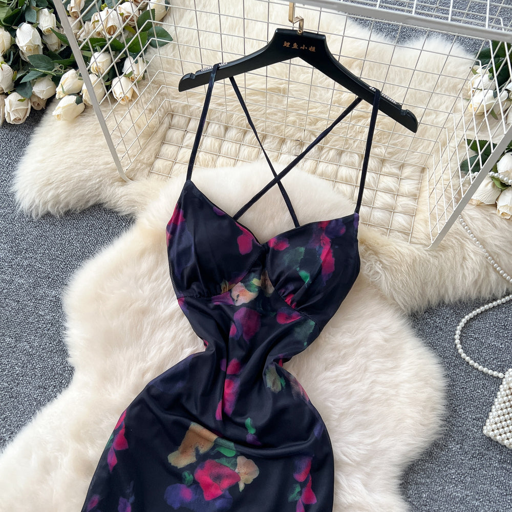 French chic sexy print cami dress - figure-flattering, hollow-out, backless, slim-fit vacation maxi dress