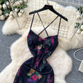 French chic sexy print cami dress - figure-flattering, hollow-out, backless, slim-fit vacation maxi dress