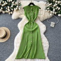 Chanel-inspired, high-end, round-neck, sleeveless, metal-buttoned, slim-fit, figure-flattering knit dress for women, new summer 2025 collection