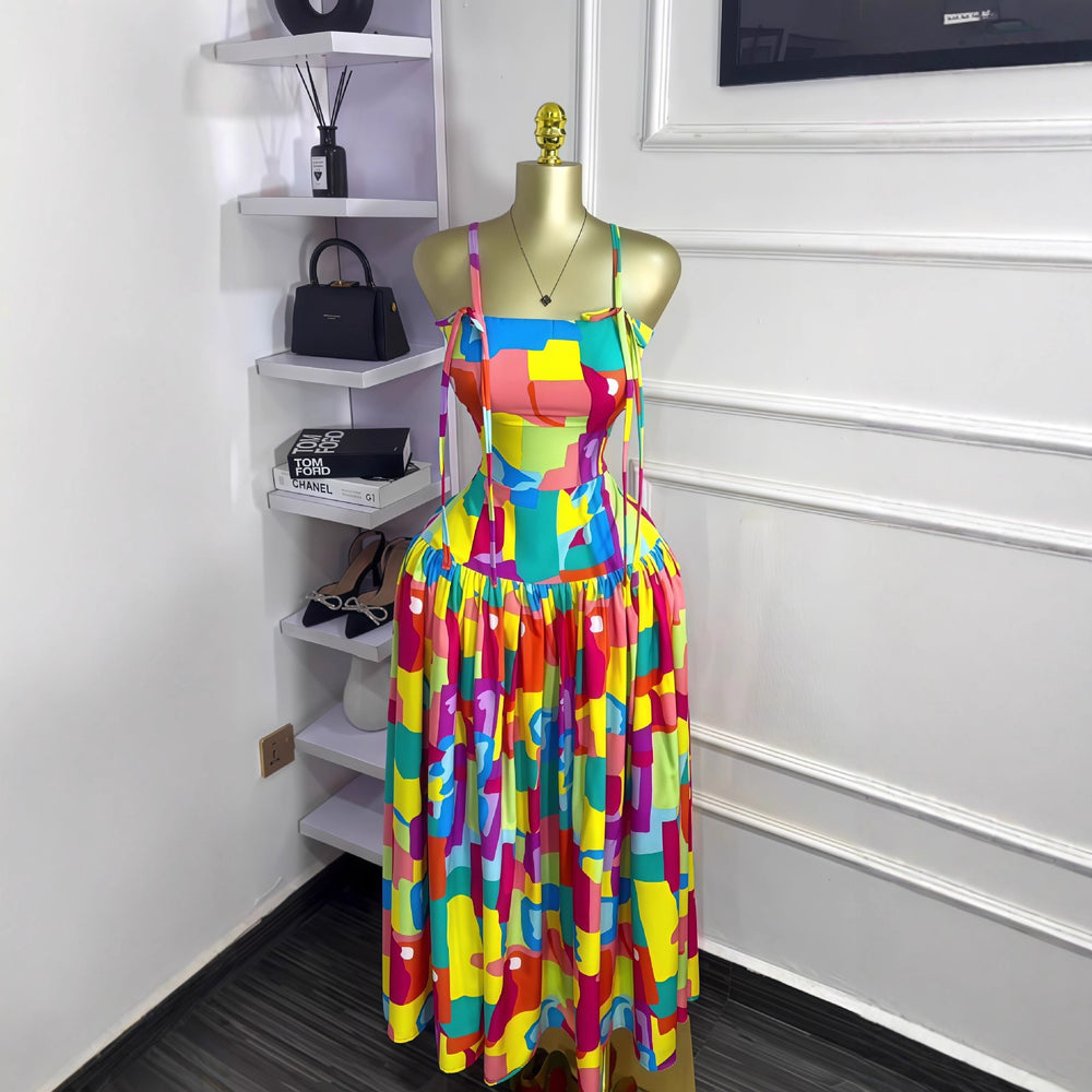 European and american cross-border women's fashion  autumn new sleeveless camisole bandeau printed ruched elegant long dress
