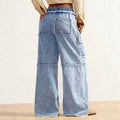 European and american style women's drawstring elastic waist raw hem wide leg cargo jeans - vintage washed multi-pocket denim pants