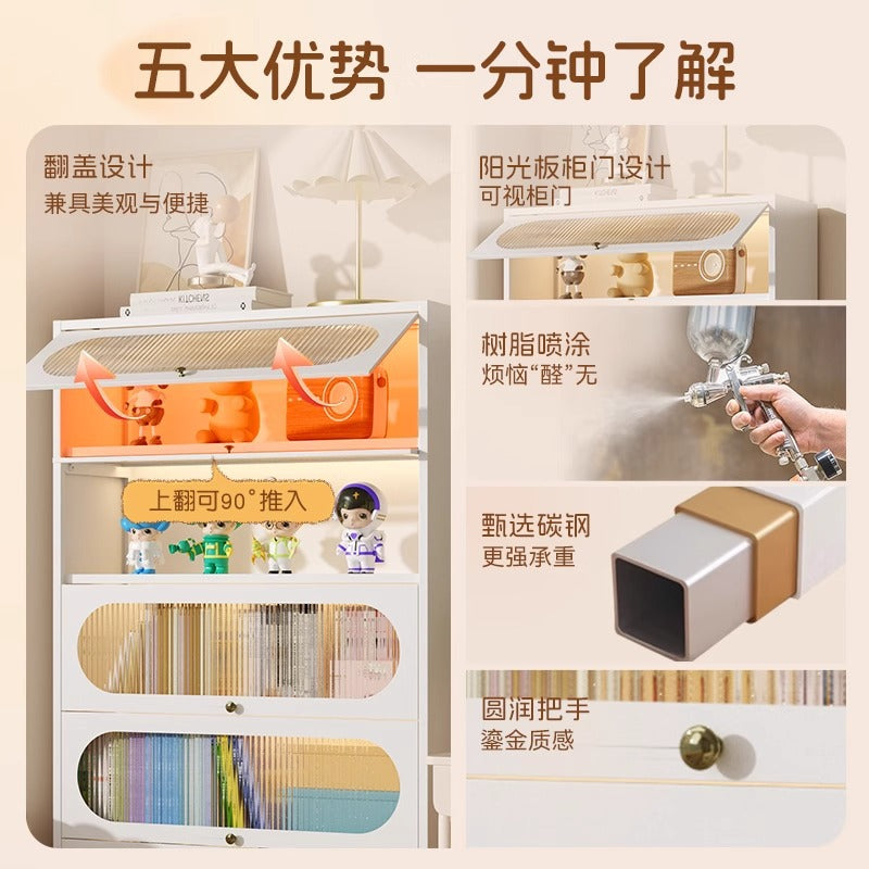 Steel bookcase french style home with door dustproof children's multi-layer iron art flip-top bookshelf living room storage rack