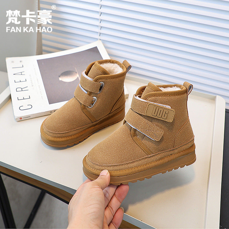 Vancahao kids' fleece-lined thickened snow boots,  winter new arrival, student cotton shoes, girls' double velcro ankle boots