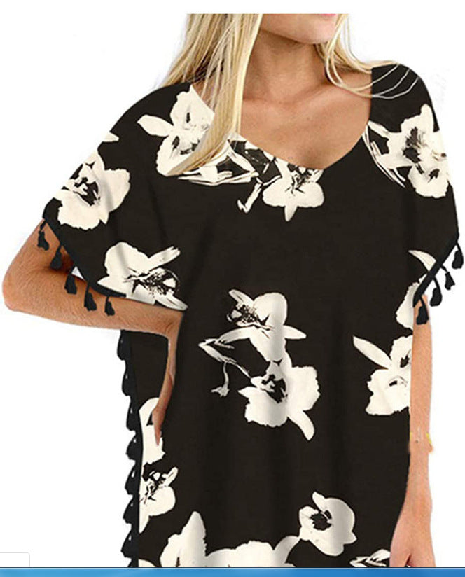 fashionnew arrivalprinting tassel small white ball chiffon beach skirt blouse ready-made trendy brand