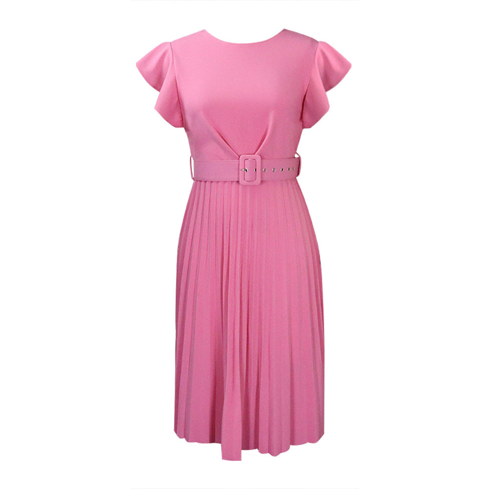 D270 with belt  summer independent station foreign trade ruffle sleeve round neck waist pleated cross-border fashion dress