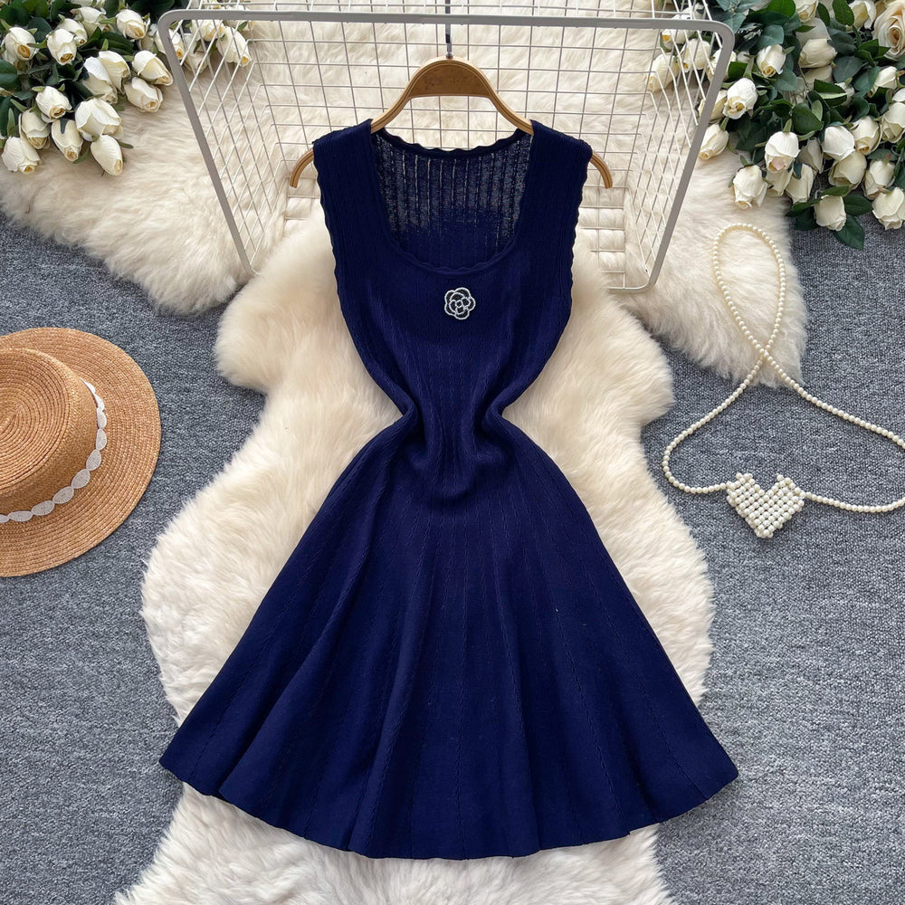 Korean style u-neck sleeveless knitted floral dress - women's 2026 summer new arrival, slim fit, figure-flattering, elegant a-line dress for work and casual wear