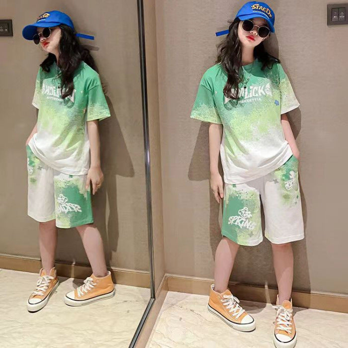 Girls' summer outfit  new style: trendy two-piece set for little girls and big kids - lightweight short-sleeve t-shirt and shorts