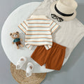 new boys' waffle knit striped polo shirt set with bear embroidery short sleeve outfit