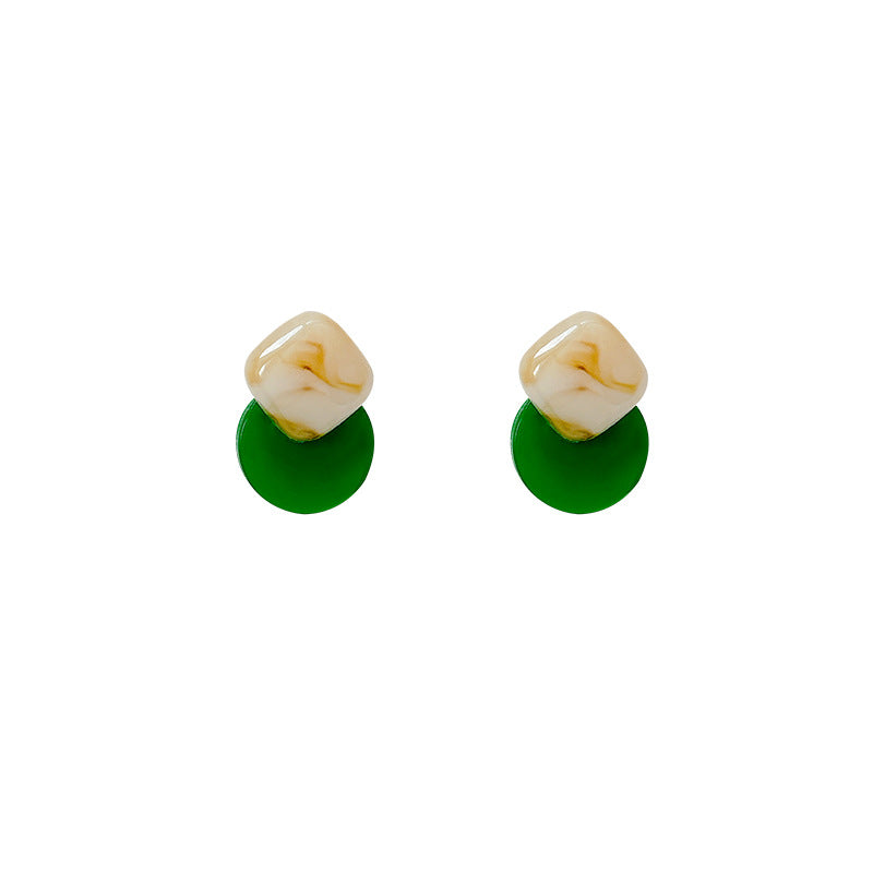 Vintage geometric deep green square stud earrings - minimalist chic, unique design, fashionable and versatile jewelry