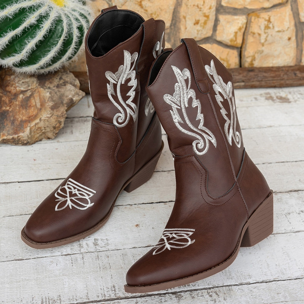 autumembroider british style mid-heeled knight boots women's foreign trade thick heel v-mouth retro large size mid-calf boots