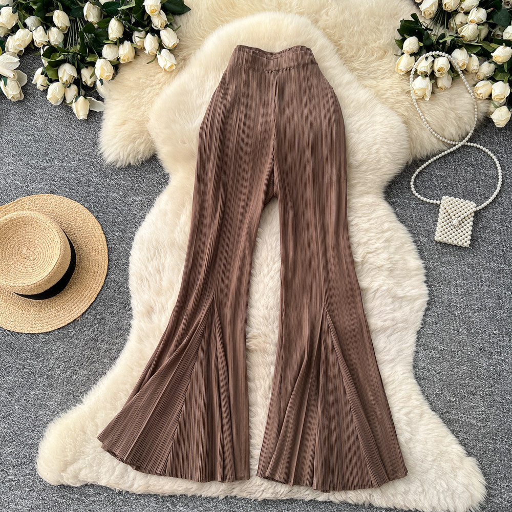K-stylehigh waistdrapedknitting elastic waist wide leg pants women's spring and summerwork clothing styleeasiest for match silm bootcutpants