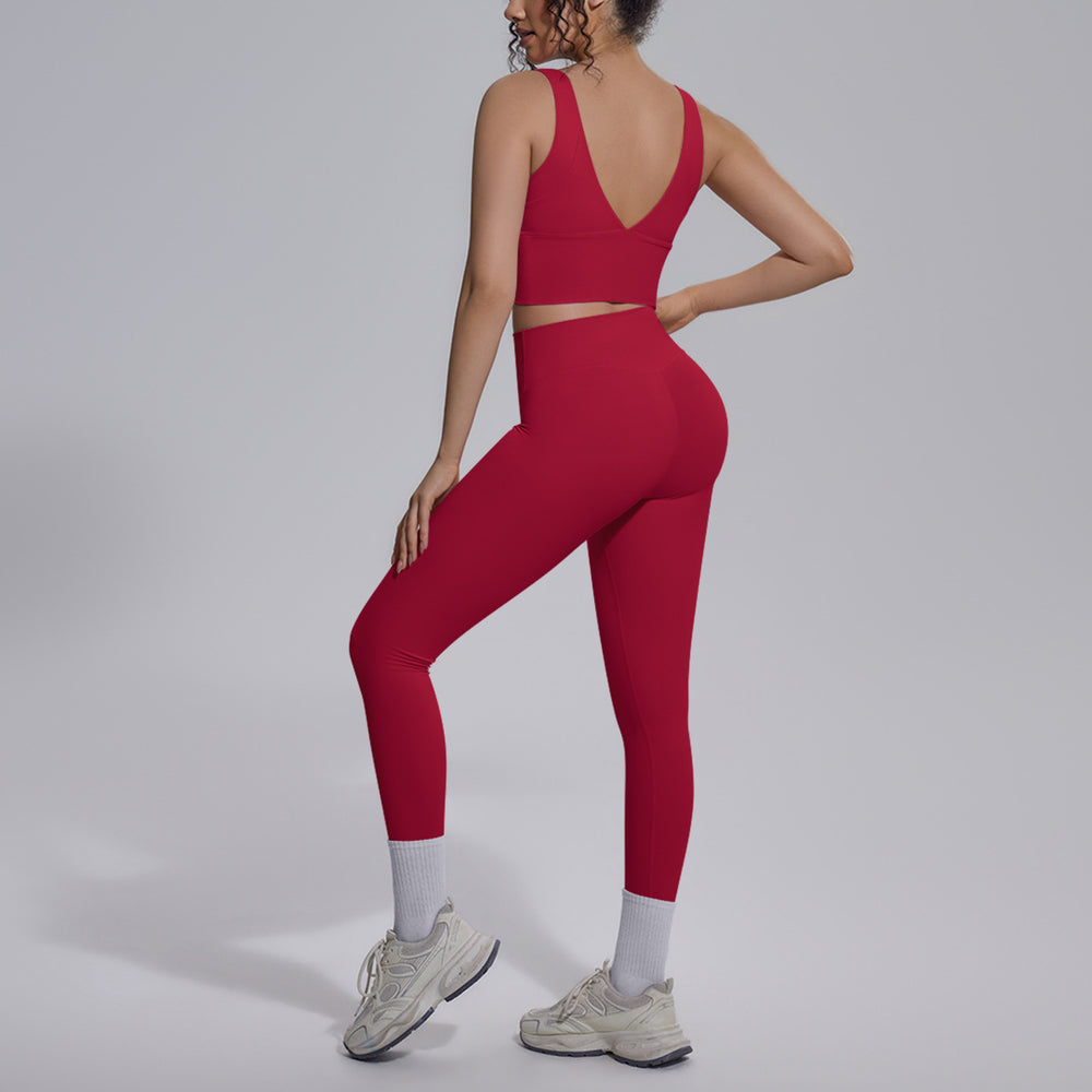 pure color double-sided brocade v-shaped beautiful back breathable tight-fitting yoga suit sports running fitness two-piece set for women