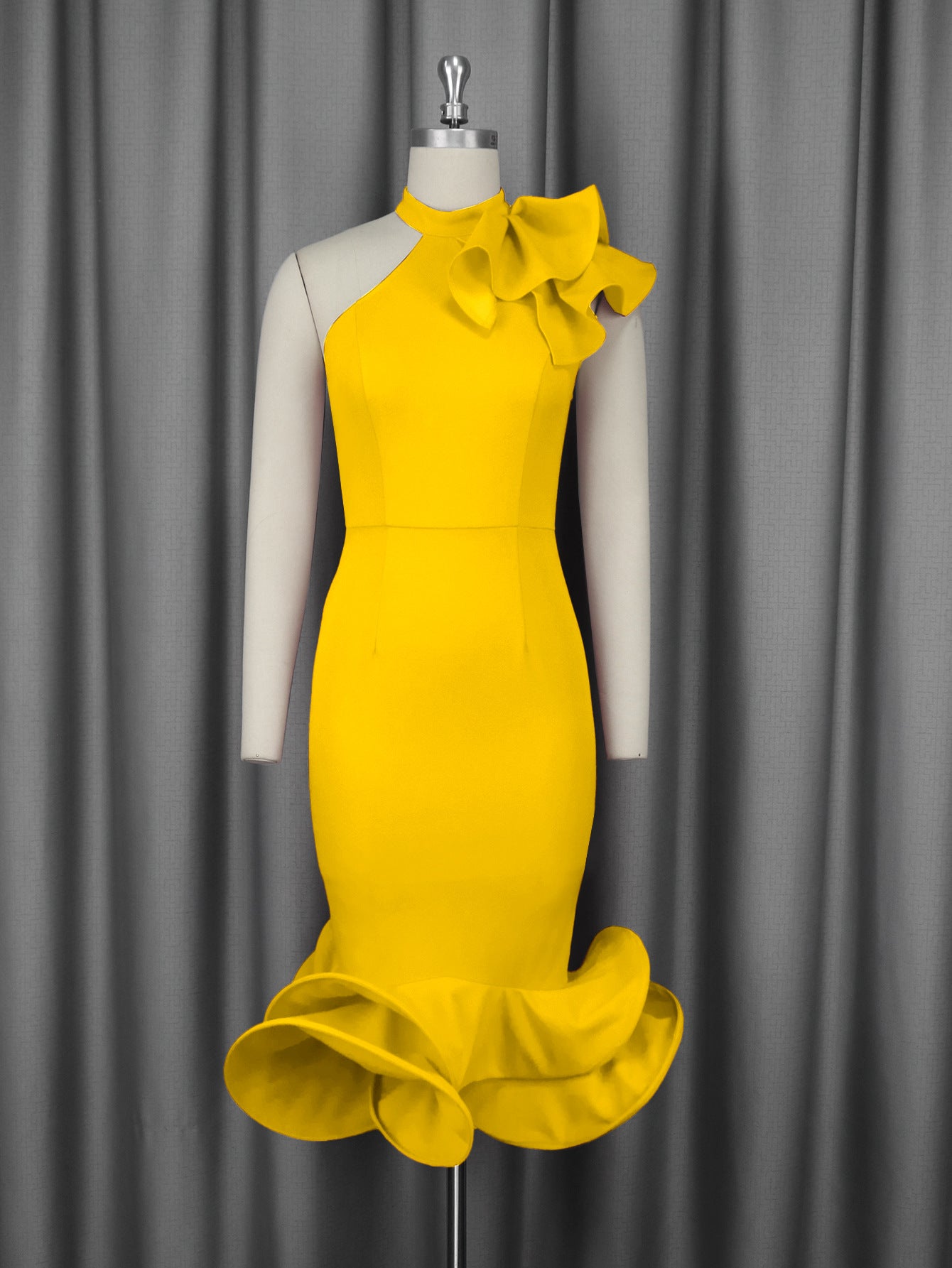 Cross-border European and American elegant semi-turtleneck ruffle dress, off-the-shoulder ruffle hem banquet evening dress Dresses