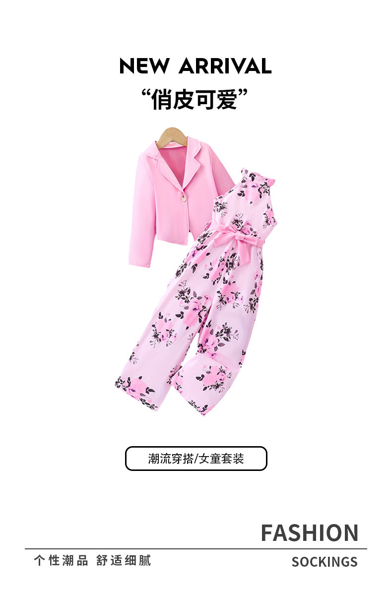 european style girls' sleeveless floral halter romper with pink blazer two-piece set