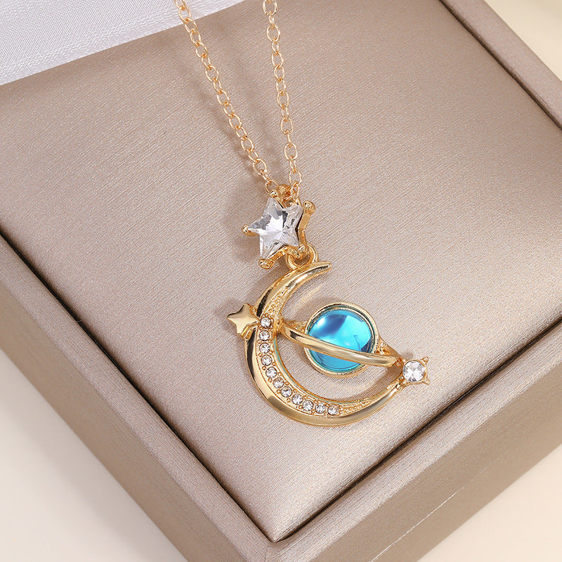 Planet pendant wholesale european and american cross-border jewelry fashion diamond-encrusted clavicle chain women's niche star moon alloy necklace