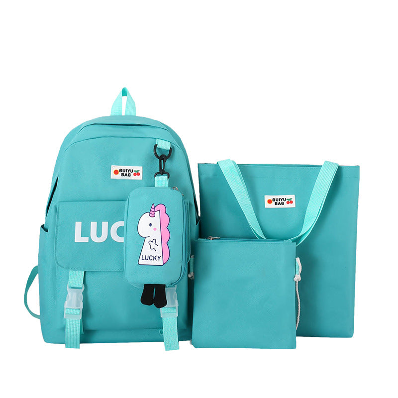 Manufacturer wholesale schoolbag female primary and secondary school students four-piece set third grade Korean version small fresh large capacity backpack to reduce the burden