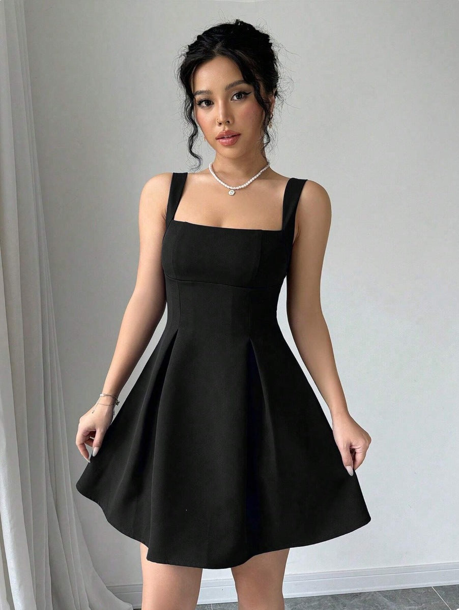 European and american cross-border   summer new fashion dress - elegant solid color spaghetti strap square neck mini dress for women