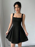 European and american cross-border   summer new fashion dress - elegant solid color spaghetti strap square neck mini dress for women