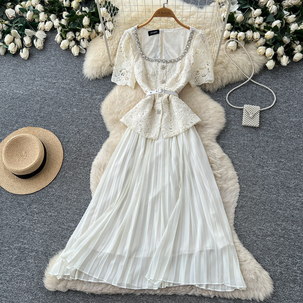 French chic lace patchwork short-sleeve dress - women's summer square neck, slimming, pleated maxi dress - elegant and refined