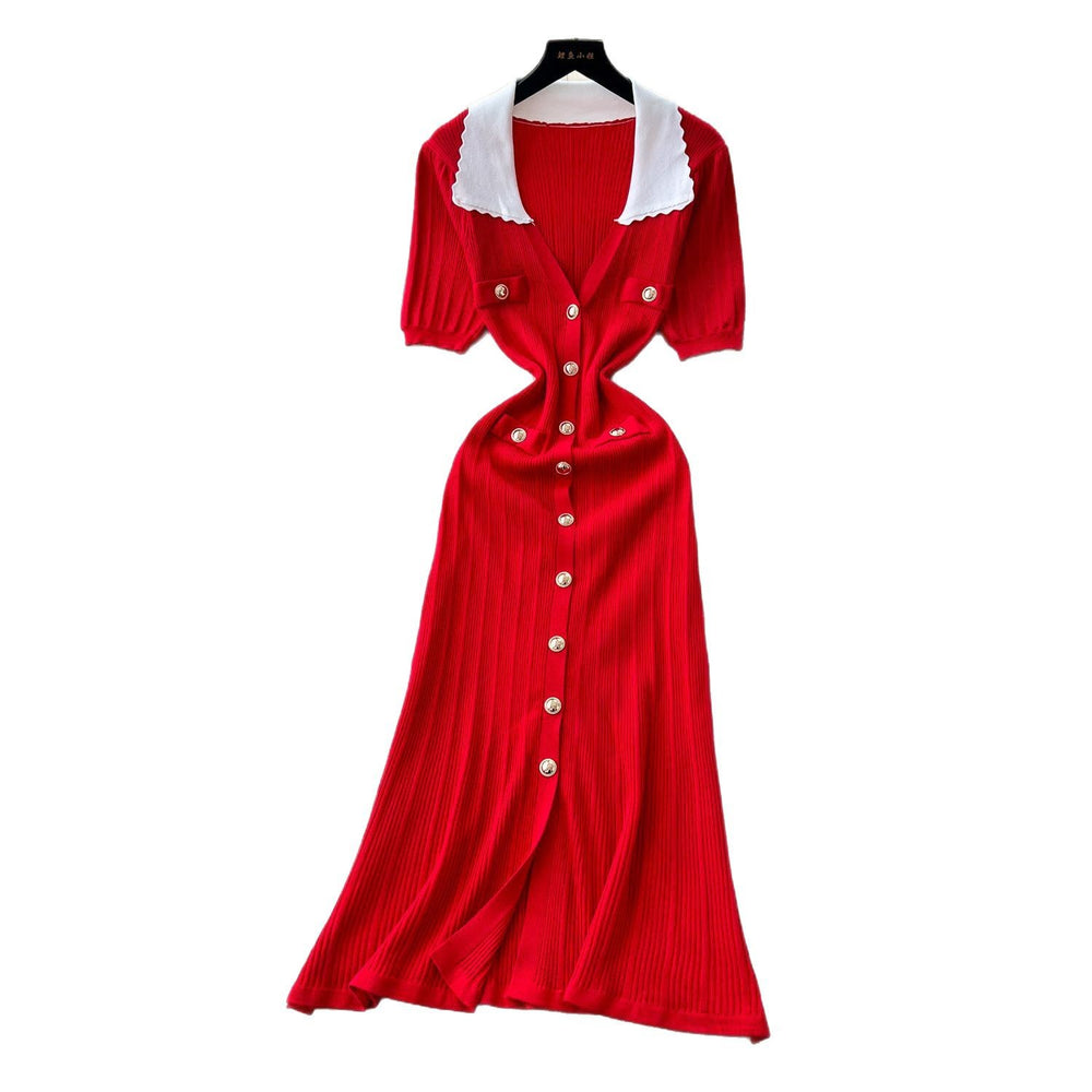 Frenchretrocontrast color lapel short sleeve metal button silmdress women's waist slimmingelegant slit knitting skirt