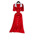Frenchretrocontrast color lapel short sleeve metal button silmdress women's waist slimmingelegant slit knitting skirt