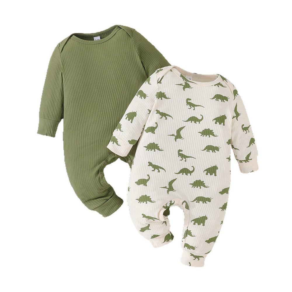 newborn & infant casual long-sleeve solid color romper with dinosaur print romper two-piece set