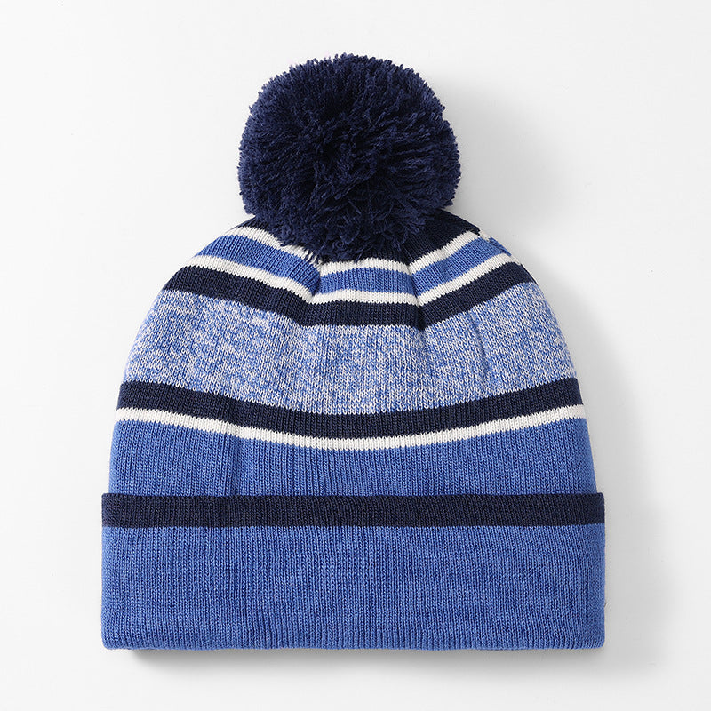 Aozhe, children's autumn and winter wool hats, boys and girls striped hairball warm knitted hats, European and American Christmas gifts