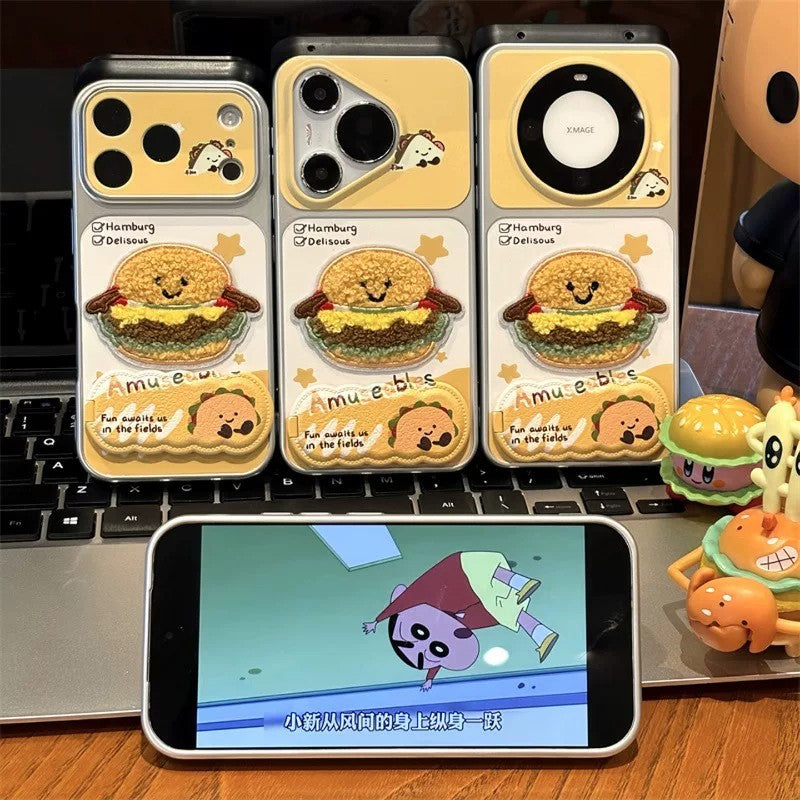 Plush embroidered burger iphone 18 case with wave mirror stand - apple 17 pro max electroplated cover