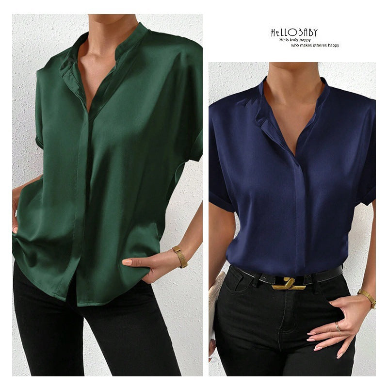 popular European and American  women's clothing solid color satin short-sleeved, shoulder stand-up collar short-sleeved shirt satin shirt