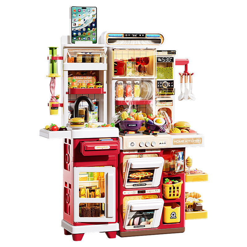 Kids' kitchen simulation playset with touchscreen functionality: cooking station, refrigerator, burgers, desserts – pretend play for boys and girls