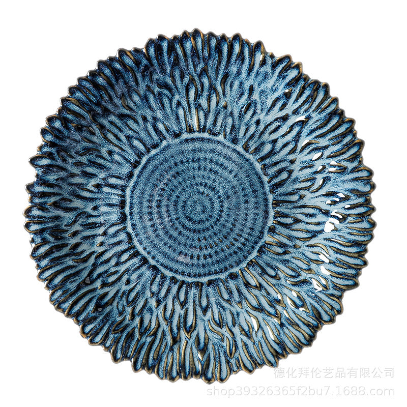 Kiln-turned retro style grids ceramic flower plate creative for home sunflower plate fruit salad plate japanese style plate