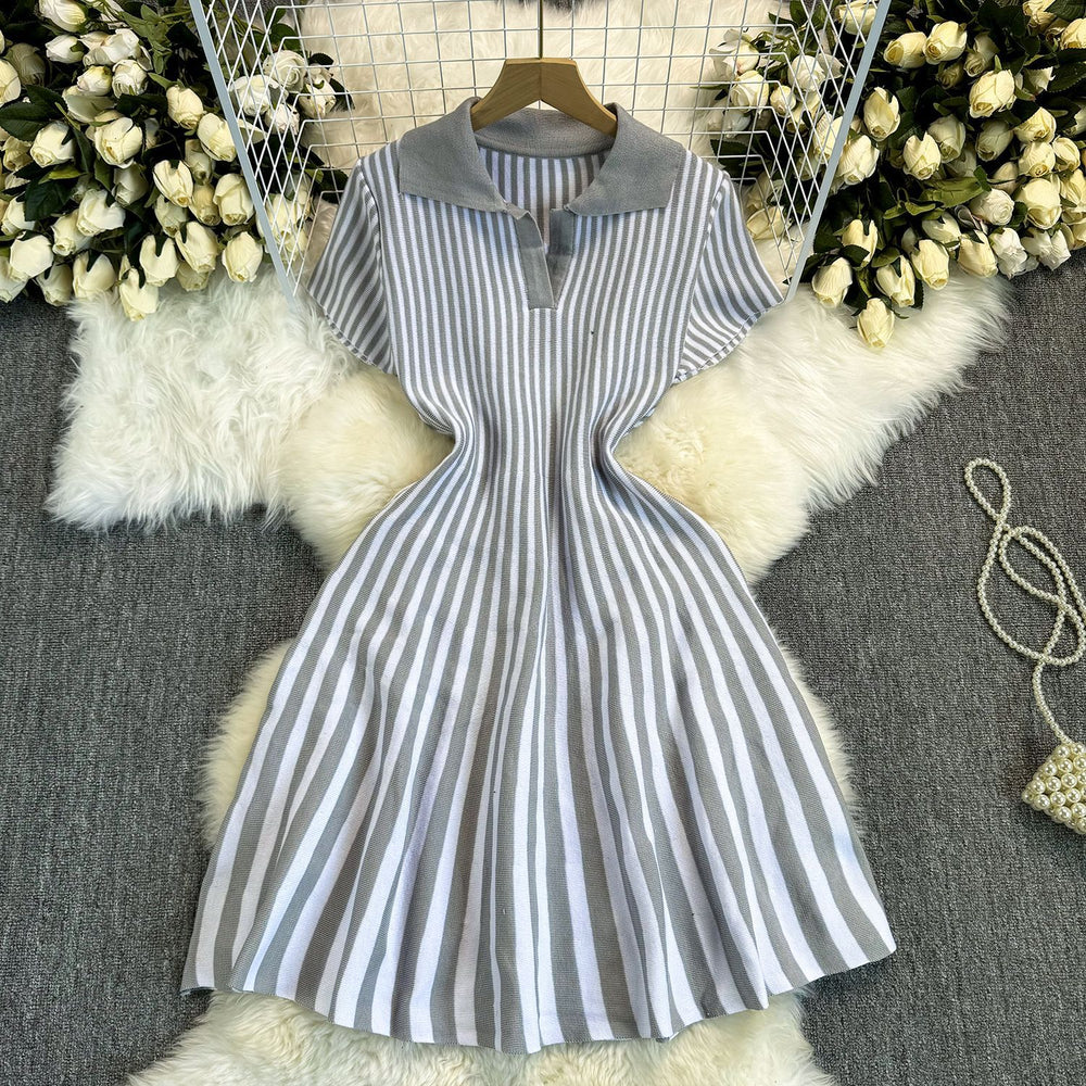 Exportfrenchcontrast colorretro lapel short sleeve stripesknittingdress women's waist elegantslimming looka-line skirt