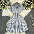 Exportfrenchcontrast colorretro lapel short sleeve stripesknittingdress women's waist elegantslimming looka-line skirt