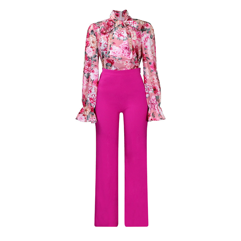 D316 european and american style women's clothing  autumn/winter loose plus size casual printed long sleeve shirt and wide leg pants cross-border two-piece set