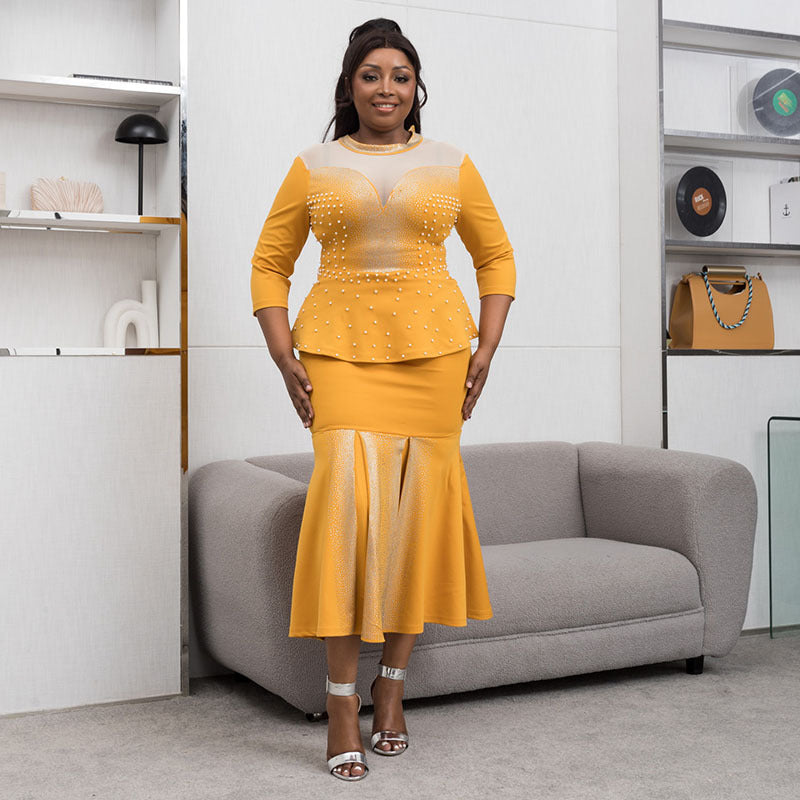 African cross-border sourcing:  new slim-fit, heavily embellished hotfix rhinestone plus-size maxi dress, high-waisted, elegant two-piece set