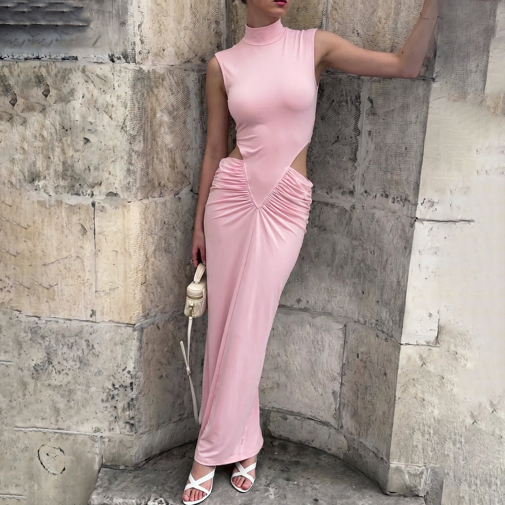 European and american style women's summer  new arrival: stand collar, sexy cutout waist, sleeveless, ruched bodycon mini dress - cross-border e-commerce