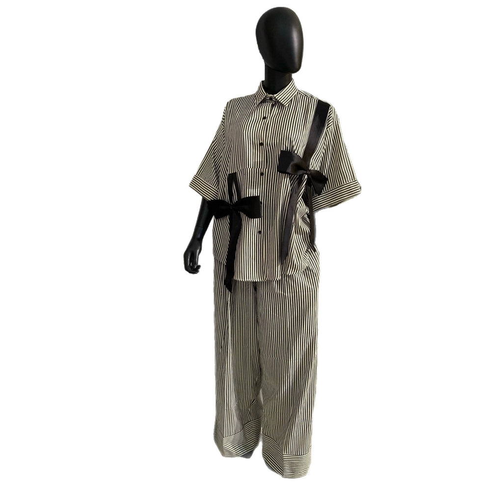 European and american cross-border women's fashion:  summer new collection - stylish patchwork bowknot striped short-sleeve shirt and wide-leg pants set