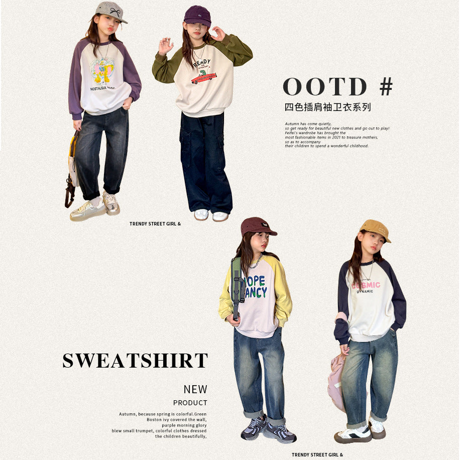 Girls' stylish t-shirt top - autumn collection, cartoon sleeve, loose fit, long sleeve,  new arrival, mid-to-large size, color block base layer, trendy