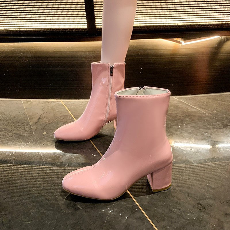 Plus size high heel women's boots 2024 autumn/winter new fashion ankle boots comfortable chunky heel side zip square toe ladies' martin boots