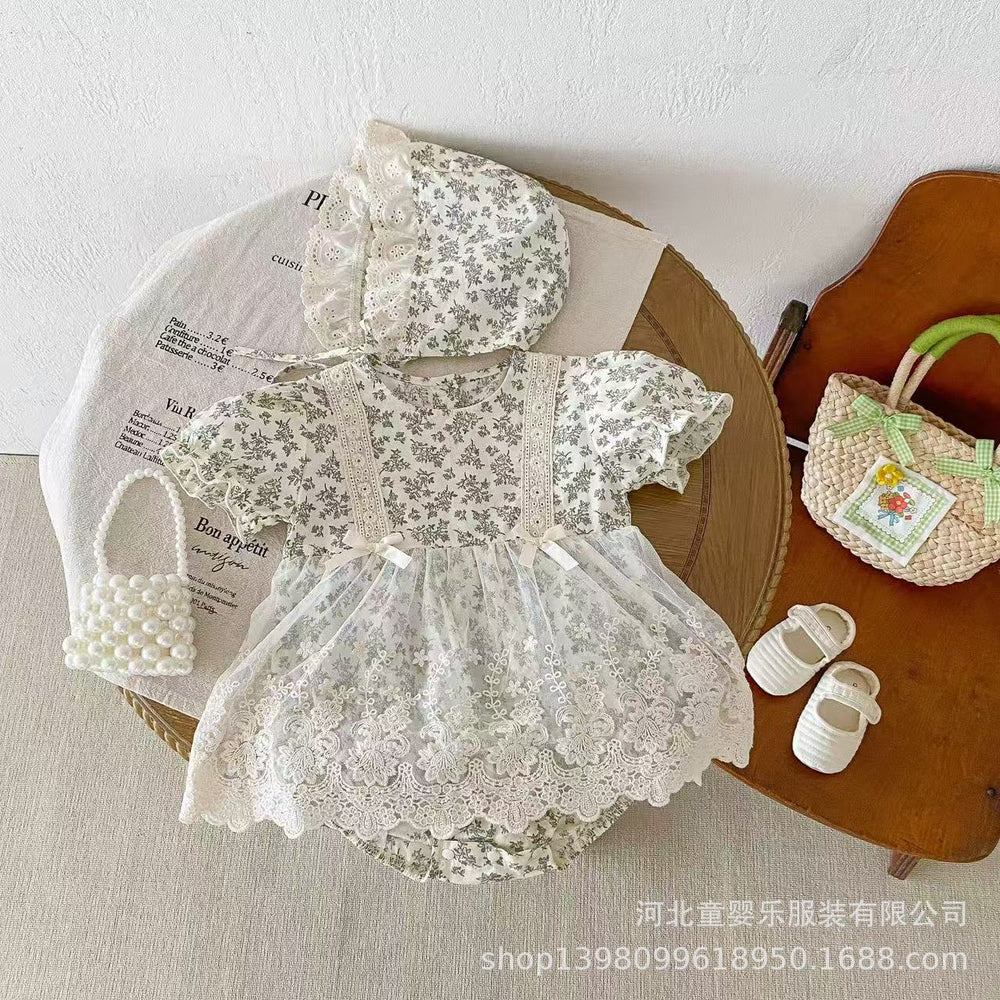Newborn baby summer romper dress - baby girl short sleeve lace outfit - 100-day celebration dress - princess style outerwear - crawling suit - trendy