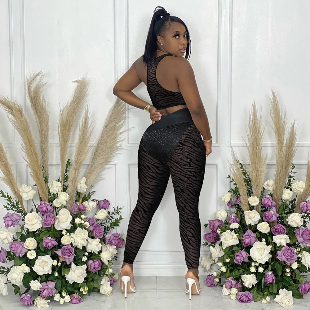 S390154 European and American wholesale women's clothing summer sexy hollow perspective sleeveless vest slim pencil pants two-piece set