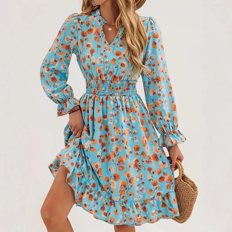 Shipped: new cross-border e-commerce floral patchwork long-sleeved dress for women, perfect for