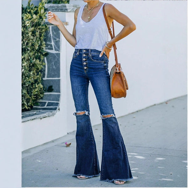 TC010466 #European and American   Women's Shave Edge Flared Pants Ripped Pants Jeans
