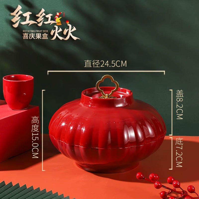 Chinese-style red rotating dried fruit box, household high-end housewarming, Chinese New Year grid fruit plate, living room snacks, melon seeds display plate